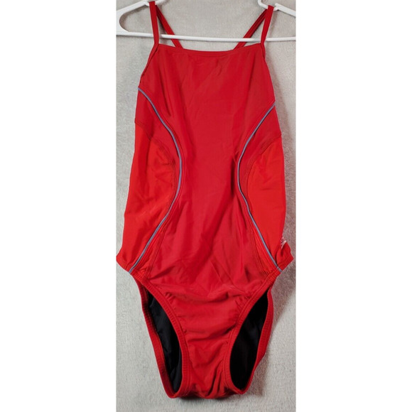 Speedo Swimsuit Womens Size 8 Red Nylon‎ Spaghetti Straps Back Keyhole Logo - Picture 1 of 8
